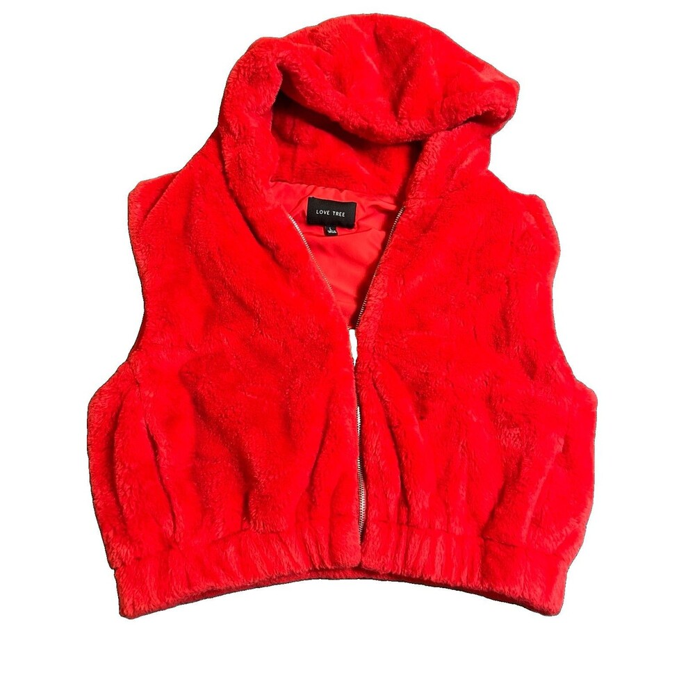 Love Tree Red Zippered Faux Fur Hoodie Vest Cropped Waist L Coquette Festival